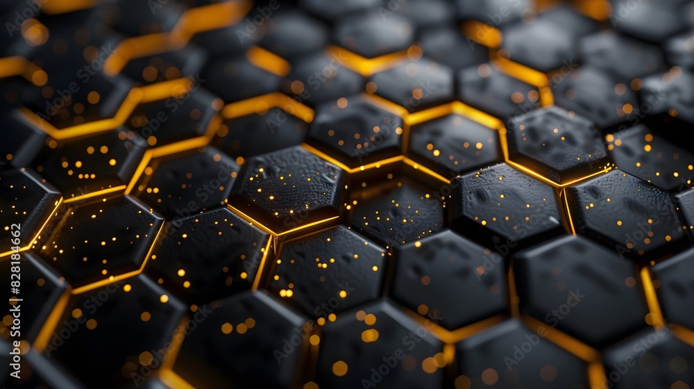 Luxury hexagonal abstract black metal background with golden light lines. Dark 3d geometric texture illustration. Luxury hexagonal abstract black metal background with golden light lines. Dark 3d geometric texture illustration.