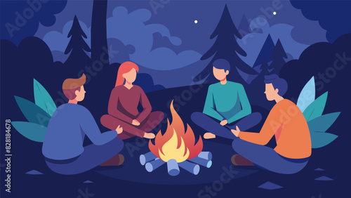 Four friends sitting around a campfire in the middle of the woods sharing stories and reminiscing about old times as they disconnect from their screens for a few days.. Vector illustration
