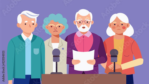 A group of seniors holding a press conference demanding government action on issues related to elder abuse and neglect.. Vector illustration
