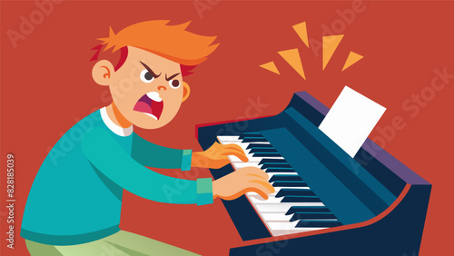 A young boy sits at a piano fiercely pounding the keys with anger and frustration. His music the encourages him to let his feelings out through the music and eventually his violent. Vector