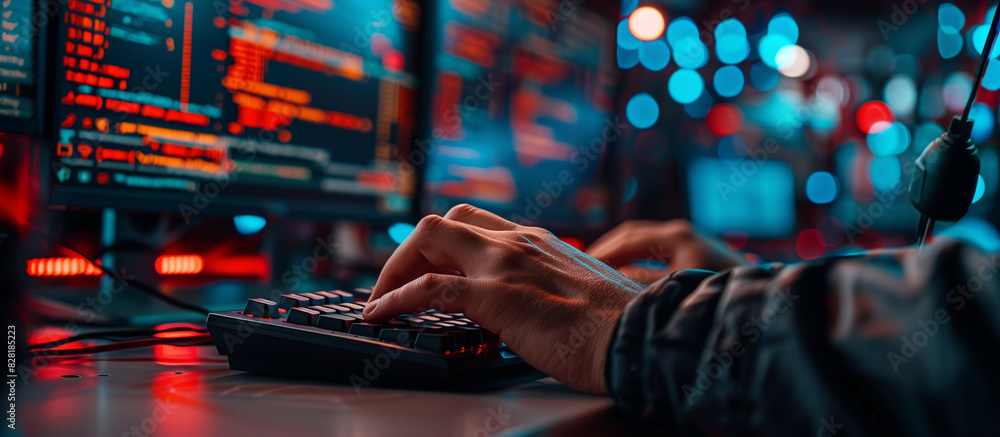 A person is typing on a computer keyboard in front of a monitor. The monitor displays a lot of code and the person is focused on typing. Scene is intense and focused A person is typing on a computer keyboard in front of a monitor. The monitor displays a lot of code and the person is focused on typing. Scene is intense and focused