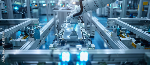 A robot is working on a car in a factory. The robot is surrounded by many other robots and machines. The scene is very industrial and mechanical