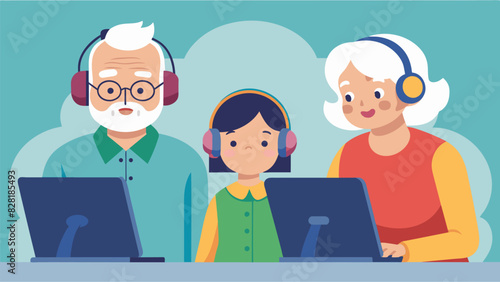 A grandmother and grandfather intently listening to a language tutors instruction through their headphones while sitting in front of their computer.. Vector illustration