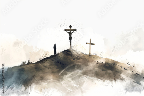 Watercolor illustration of the cross on Calvary's hill