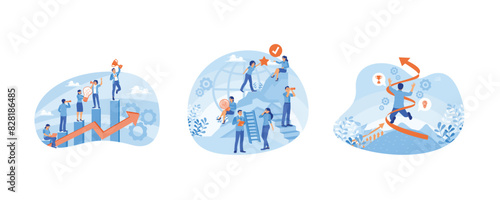 Job growth and performance. Business team working together. Motivation towards success. Business development concept. Set flat vector illustration.