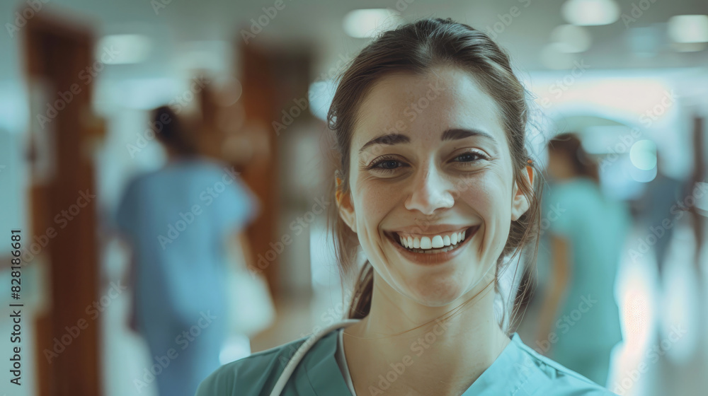 portrait of calm female nurse smiling looking forward wearing hospital uniform staff working against background of busy hospital room background portrait of calm female nurse smiling looking forward wearing hospital uniform staff working against background of busy hospital room background