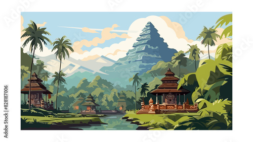 Serene Balinese Temple Silhouette with Idyllic Tropical Vector Background