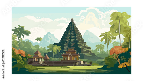 Ancient Javanese Temple Amidst Tropical Palms in an Indonesia Vector Scene