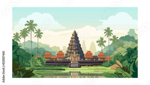 Ancient Javanese Temple Amidst Tropical Palms in an Indonesia Vector Scene