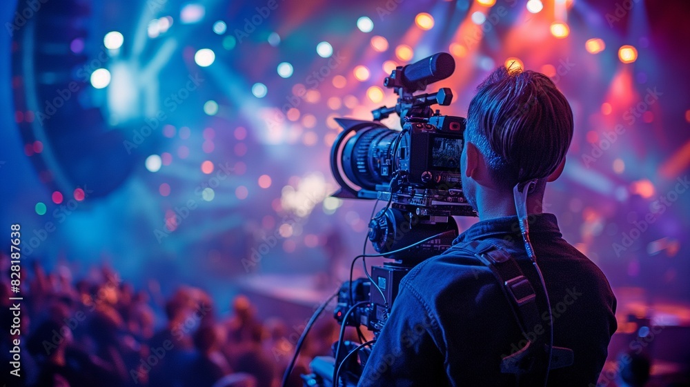 A cameraman during a performance broadcasts something on television. On the elevated platform is a camera manned by an operator. A cameraman during a performance broadcasts something on television. On the elevated platform is a camera manned by an operator.