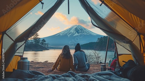 In Tokyo, Japan, a couple travelling by tent camp and enjoying a beautiful view of the Fuji mountains photo