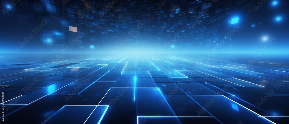 Obraz premium Tech background with neon light rays reflecting, smart infrastructure concept. abstract technology background with glowing lines and blue lights, futuristic design.