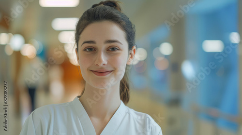 Free Download portrait of calm female nurse smiling looking forward wearing hospital uniform staff working against background of busy hospital room background  - GFXLoad
