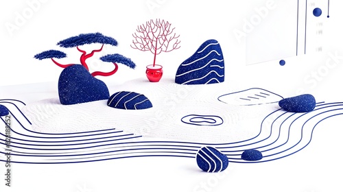 Tranquil Zen Garden Landscape with Rocks Sand and Bonsai Trees in Harmonious Composition