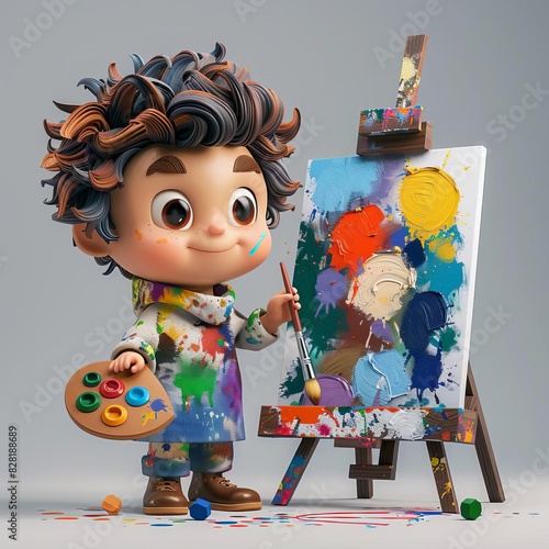 Cute 3D graphic of a playful artist in a paintsplattered smock, holding a paintbrush and palette, standing next to an easel with a colorful painting photo