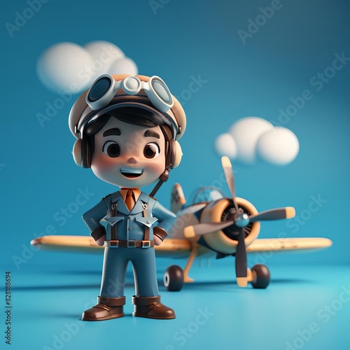 Cute 3D graphic of an enthusiastic pilot in a crisp uniform and cap, standing in front of a small airplane, ready for takeoff