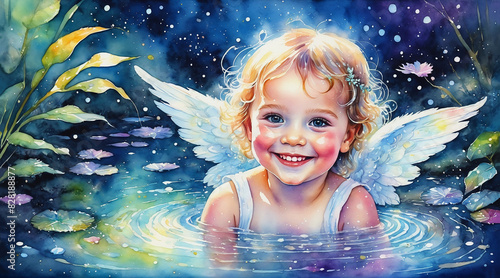 Little cute girl with angel wing are enjoying in a pond, watercolor painting style, generative AI.