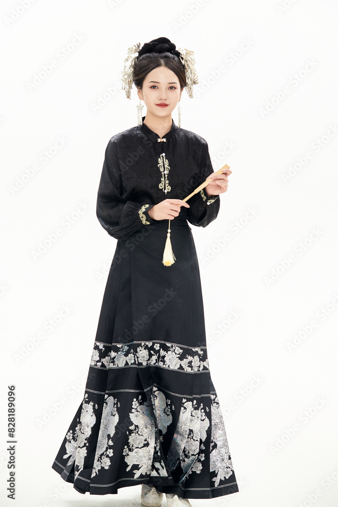 A woman wearing ancient Chinese clothing against a white background.