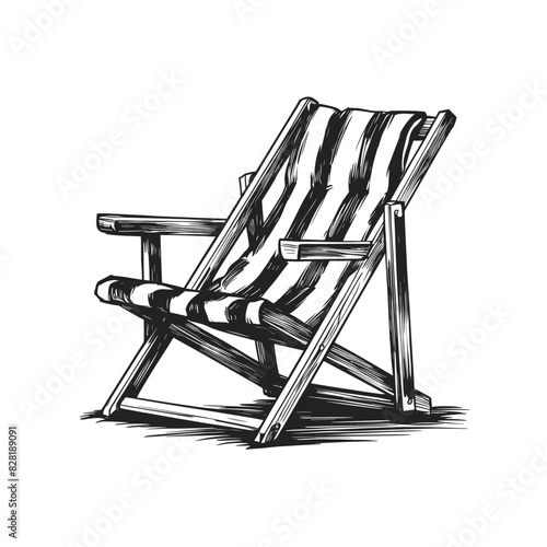 Deck chair ink sketch drawing, black and white, engraving style vector illustration