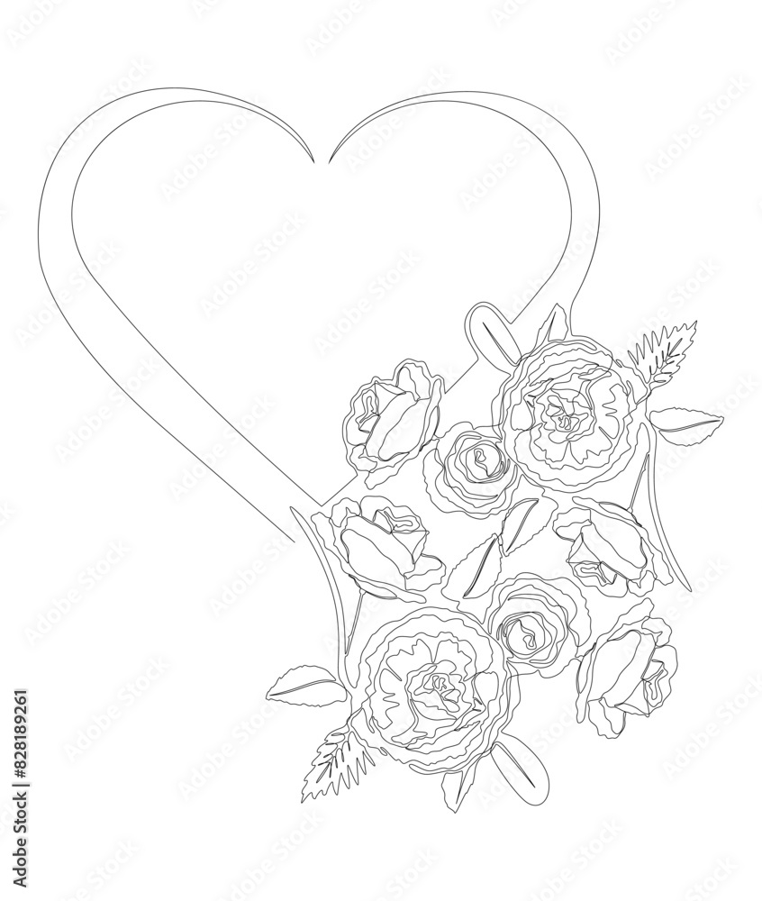 Fototapeta premium One continuous line of Heart with rose flowers. Thin Line Illustration Love vector concept. Contour Drawing Creative ideas.