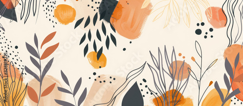 Hand drawn doodle style abstract background with boho shapes and leaves in terracotta, mustard and peach on a white background