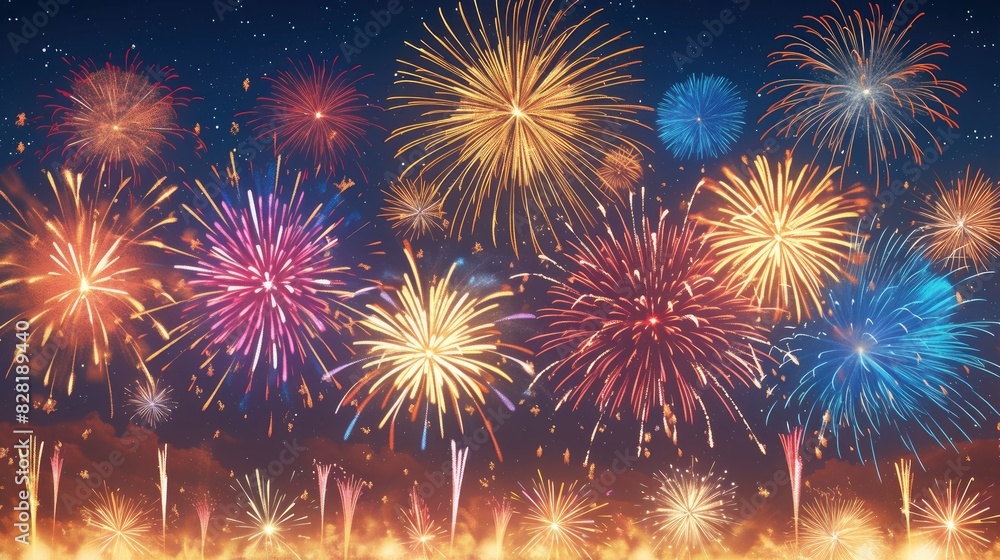 Vibrant fireworks burst across the sky like scenes from a colorful cartoon Vibrant fireworks burst across the sky like scenes from a colorful cartoon