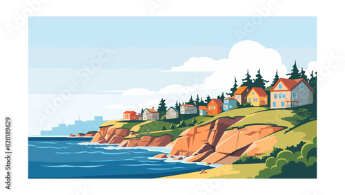 Peaceful Coastal Community on Steep Cliffs Against Calm Waters Digital Artwork