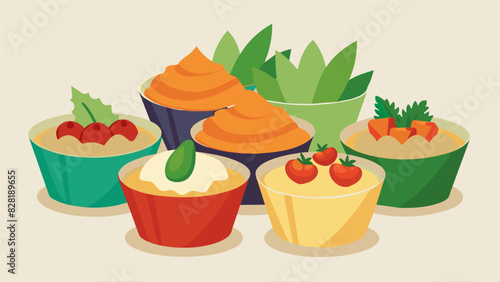 Assorted veggie and hummus cups making it easy to snack while crafting without getting messy.. Vector illustration