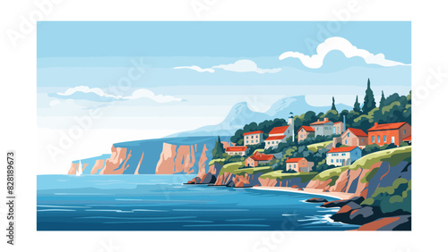 Peaceful Coastal Community on Steep Cliffs Against Calm Waters Digital Artwork