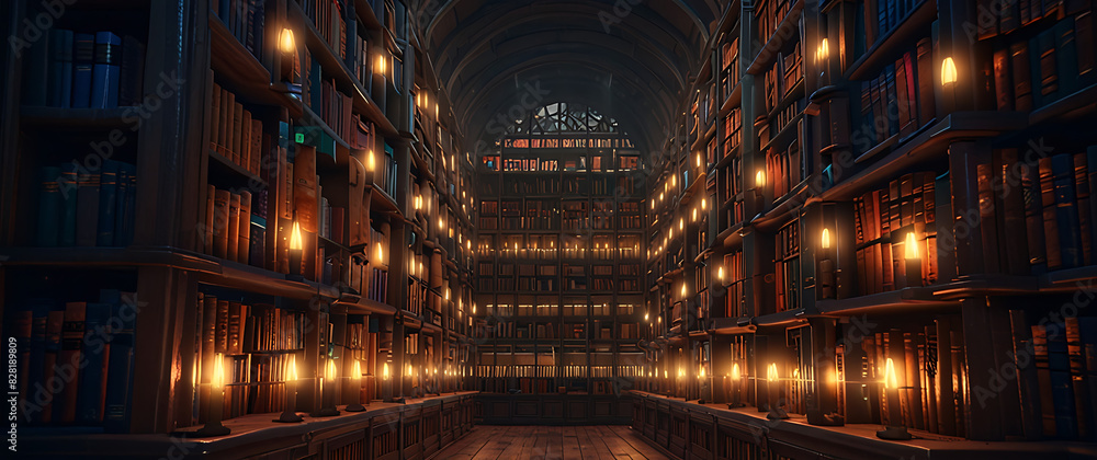 Obraz premium A library with books arranged in neat rows on shelves. The soft, ethereal light creates a surreal atmosphere. and lively and wonderful