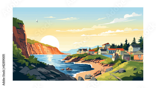 Charming Cliff Top Rural Houses by Ocean Scenic Countryside Vector
