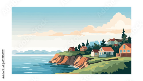 Charming Cliff Top Rural Houses by Ocean Scenic Countryside Vector