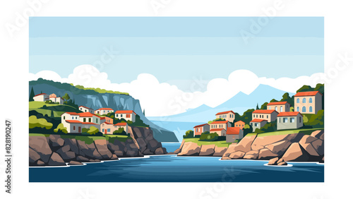 Rural Cliffside Village Overlooking the Azure Sea Vector Illustration