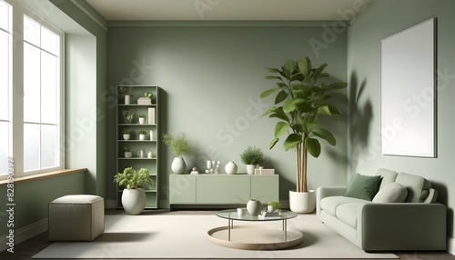 The minimalist living room interior with  green cabinet for TV and d  cor accessories with green colour wall