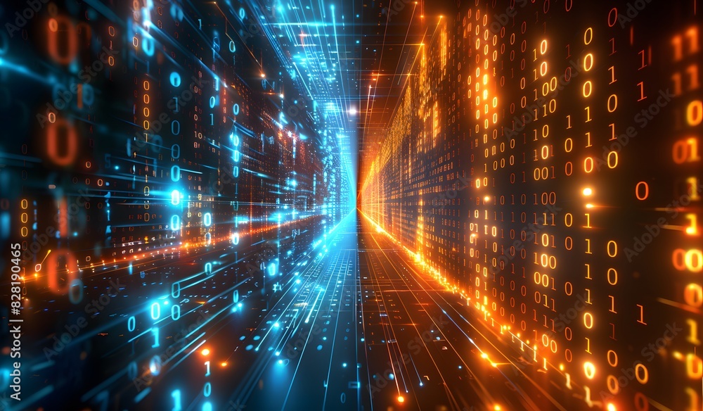Fototapeta premium Abstract digital background with glowing light rays and binary code in blue, orange and black colors. Big data technology concept