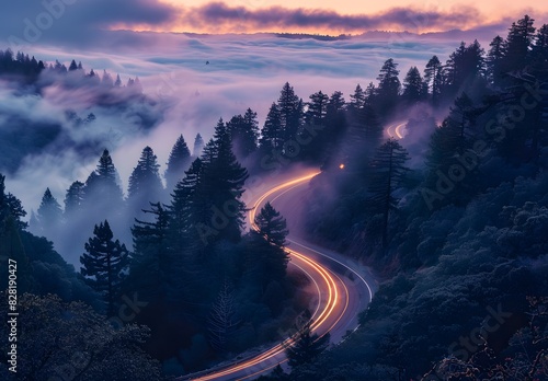 Highway in the foggy forest, winding road on mountain top at sunrise with long exposure light trails and misty landscape photo