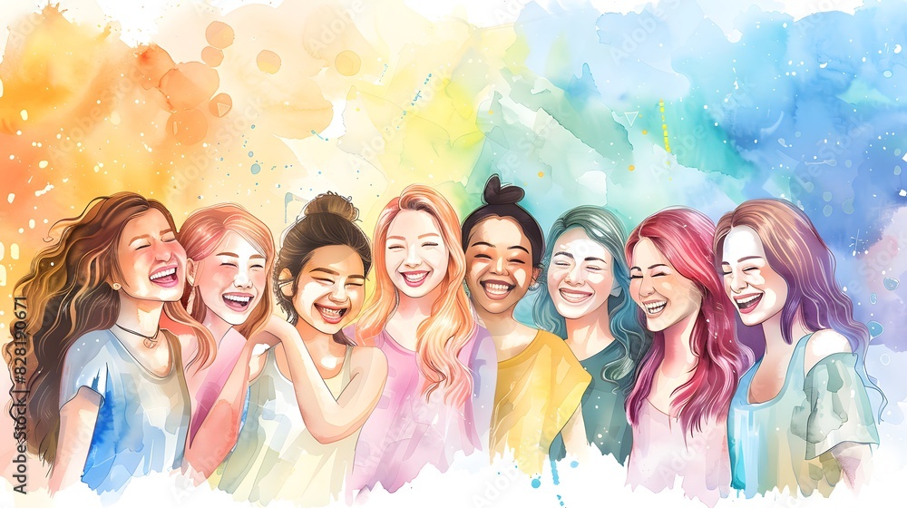 Diverse group of women smiling and laughing together, set against an abstract rainbow background