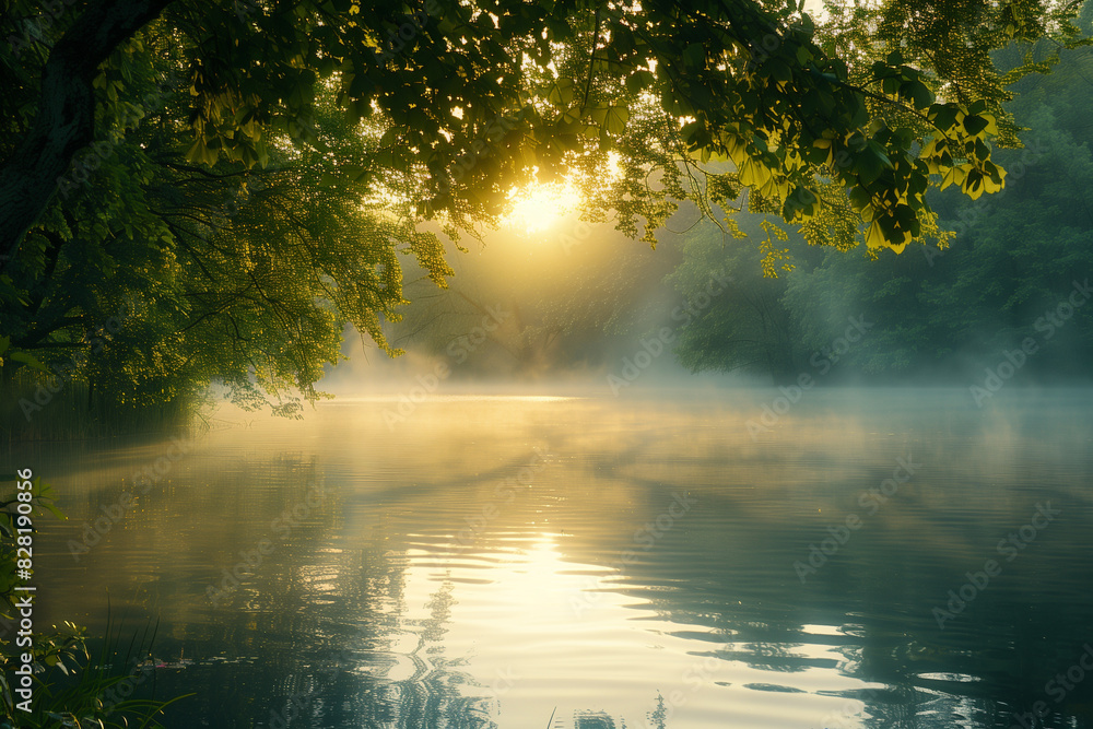 A beautiful lake with a tree in the background. The sun is shining on the water, creating a peaceful and serene atmosphere A beautiful lake with a tree in the background. The sun is shining on the water, creating a peaceful and serene atmosphere