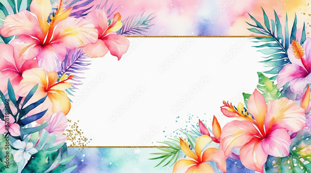 Obraz premium Abstract framework blank background surrounded by tropical flowers bloom, watercolor painting style, generative AI.
