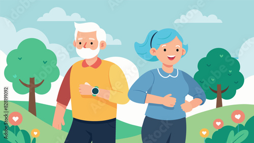 An elderly couple smiling as they walk along a park trail both wearing sleek smarches that track their heart rates and steps.. Vector illustration