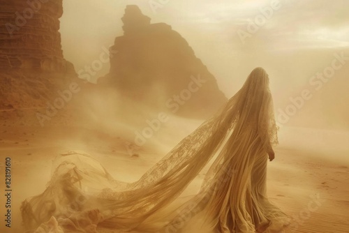 Lonely woman in a flowing dress standing in the desert sands with wind blowing fashionable desert travel beauty concept