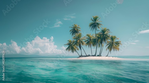 Peaceful tropical island with crystalclear waters, white sandy beaches, and lush palm trees, ideal for vacation and paradise themes, Fujifilm XT3, soft focus, 55mm lens, f29, Cinem