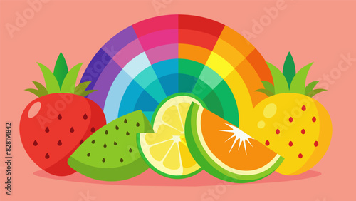 A rainbow of fresh fruit slices including strawberries kiwi and pineapple.. Vector illustration