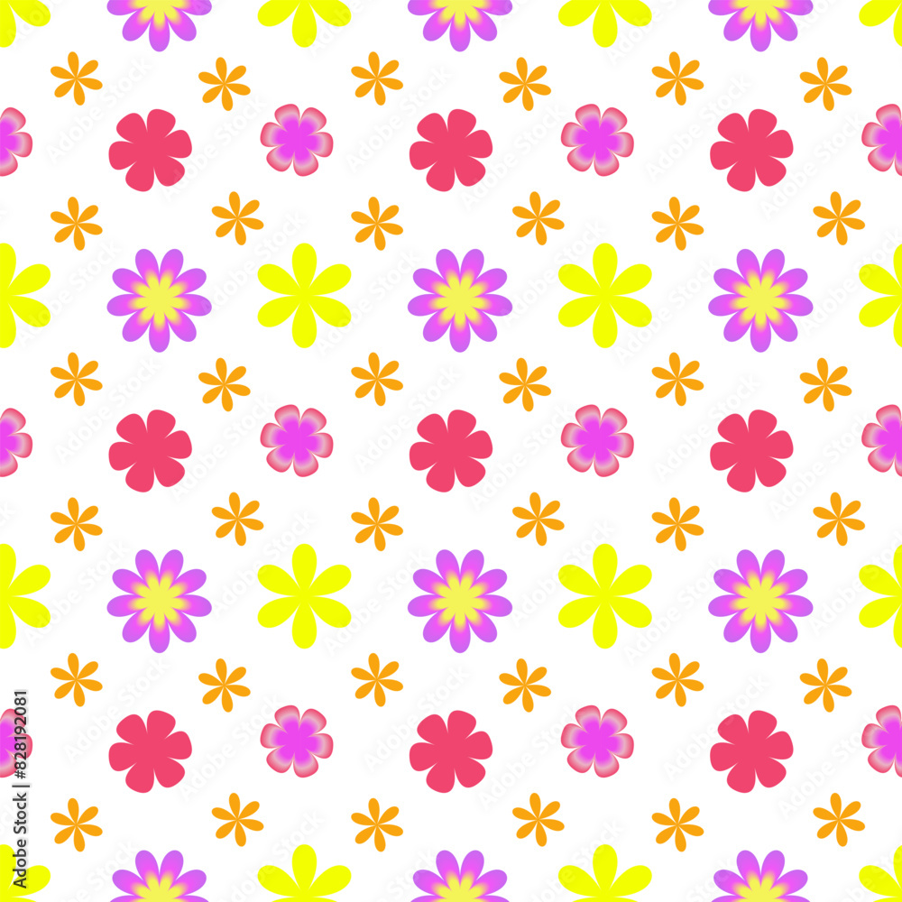 Bright pattern of colorful flowers on white background, as background or texture. Spring, summer floral wallpaper for your design. Flat top view Bright pattern of colorful flowers on white background, as background or texture. Spring, summer floral wallpaper for your design. Flat top view