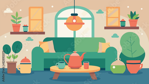 A soothing tea room stocked with a variety of herbal teas and cozy seating providing a calming sanctuary for employees to enjoy a warm beverage and relax.. Vector illustration
