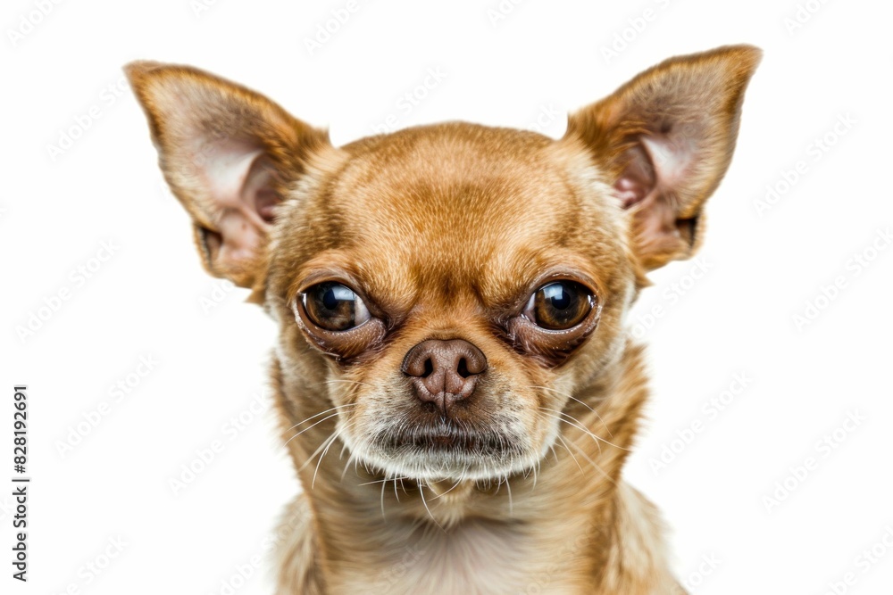 Charming chihuahua dog poses for camera in white background studio portrait photography session