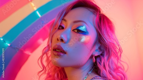 Picture of an Asian woman famous drag queen with her signature pink hair and lively makeup. She stands in front of an abstract rainbow background, with soft lighting emphasizing her features. You