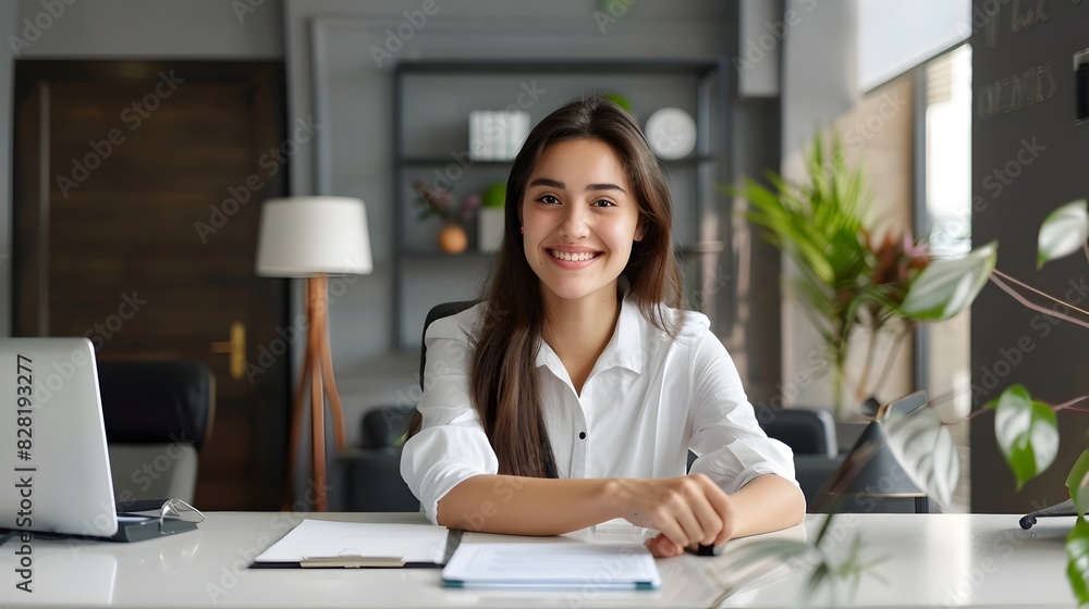 Cheerful Young Woman Engaged in Office Tasks at Desk Cheerful Young Woman Engaged in Office Tasks at Desk