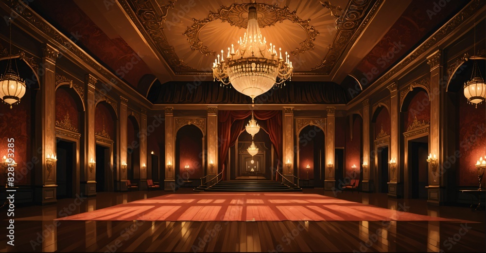 Fototapeta premium Palace Ballroom Theatre Hall. Abandoned amphitheater auditorium room. Royal dance hall in noble mansion interior.