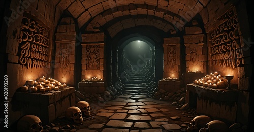 underground catacombs medieval fantasy dark tomb with walkways skulls and torches. horror building interior. lair of the dead and damned.	 photo